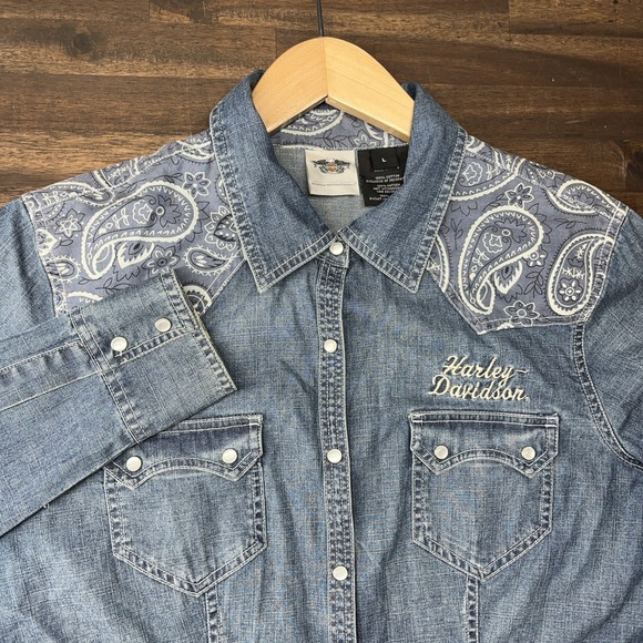 Harley-Davidson Tops - Vintage Harley Davidson Women's Large Pearl Snap Western Long Sleeve Button Up